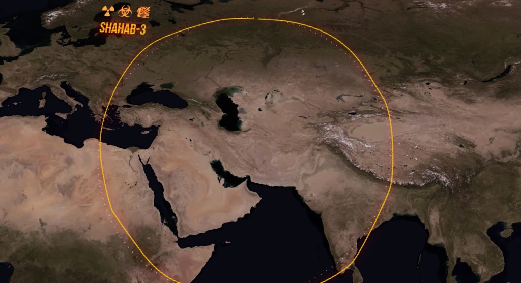 The Shahab-3 Missile's Range - This Iranian Missile can be tipped with Nuclear, Chemical, Biological or Conventional Warheads. The Shahab is a Family of Liquid-fueled Ballistic Missiles developed by Iran, under the IRGC, and based upon the North Korean Nodong-1/A and Nodong-B missiles. The Shahab-3 Family has a Range of 1,000-2,000 kilometers.
According to the IAEA, Iran in the early 2000s explored various Fuzing, Arming and Firing Systems to make the Shahab-3 more capable of reliably delivering a Nuclear Warhead.
(Image: Australian Military Aviation History)