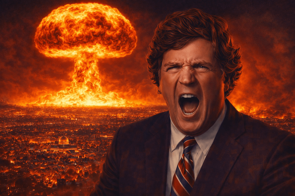 Tucker Carlson spiraling into Holocaust Level Jew Hatred - Jerusalem burning under a mushroom cloud