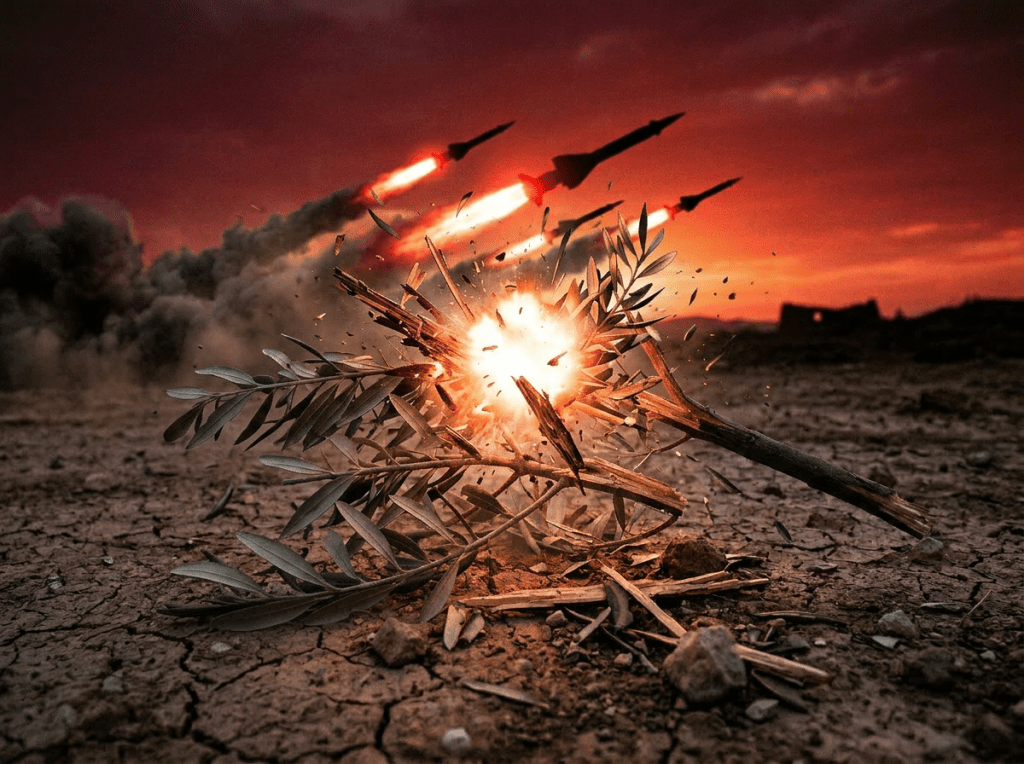 Broken olive branch on cracked ground with missiles flying at sunset