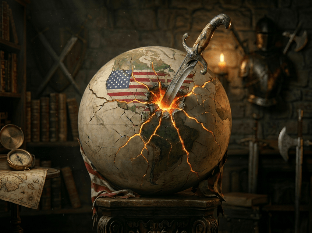 Cracked globe showing Americas draped in torn American flag with dagger stabbed in center