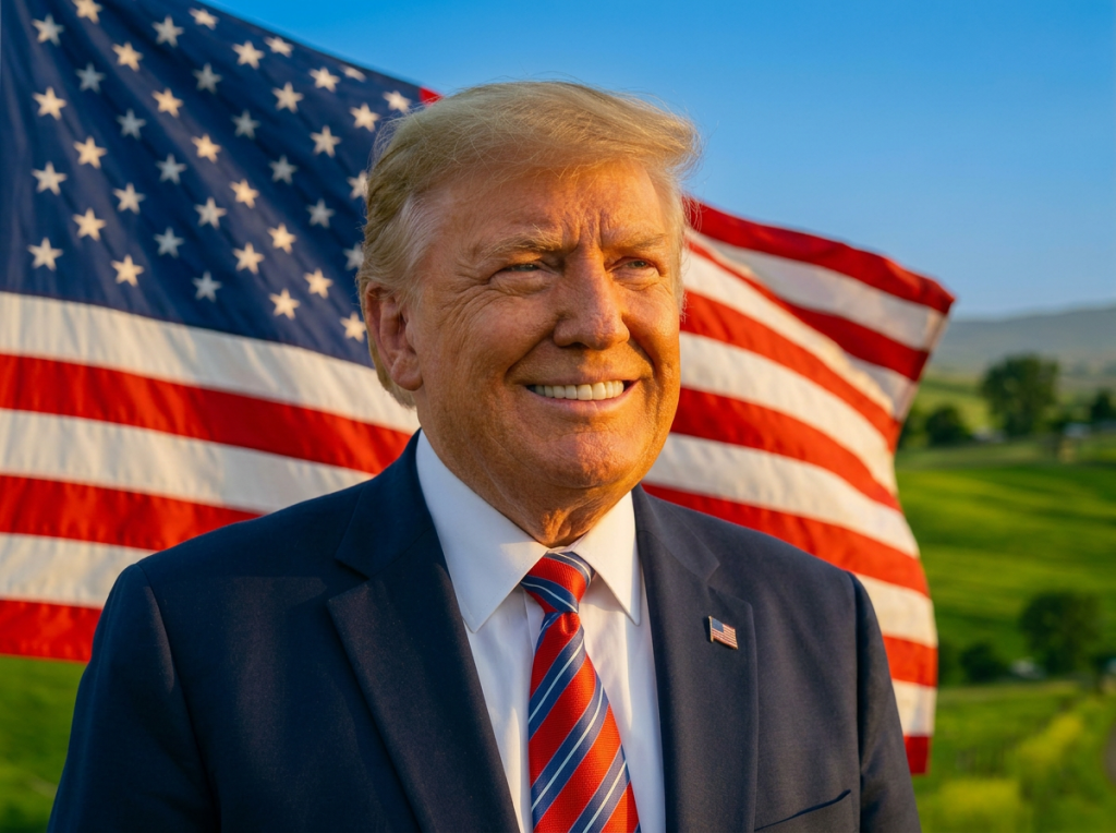 Genius President Trump looking towards sun-filled uplands.