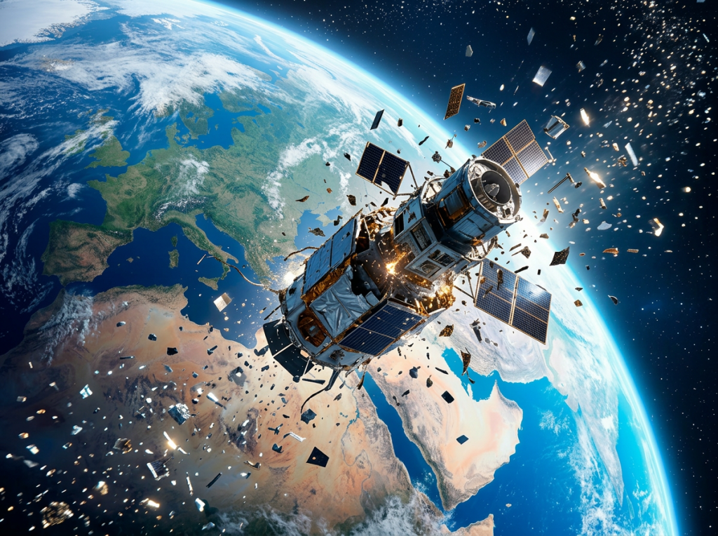 Satellite breaking apart in orbit with scattered debris over Earth